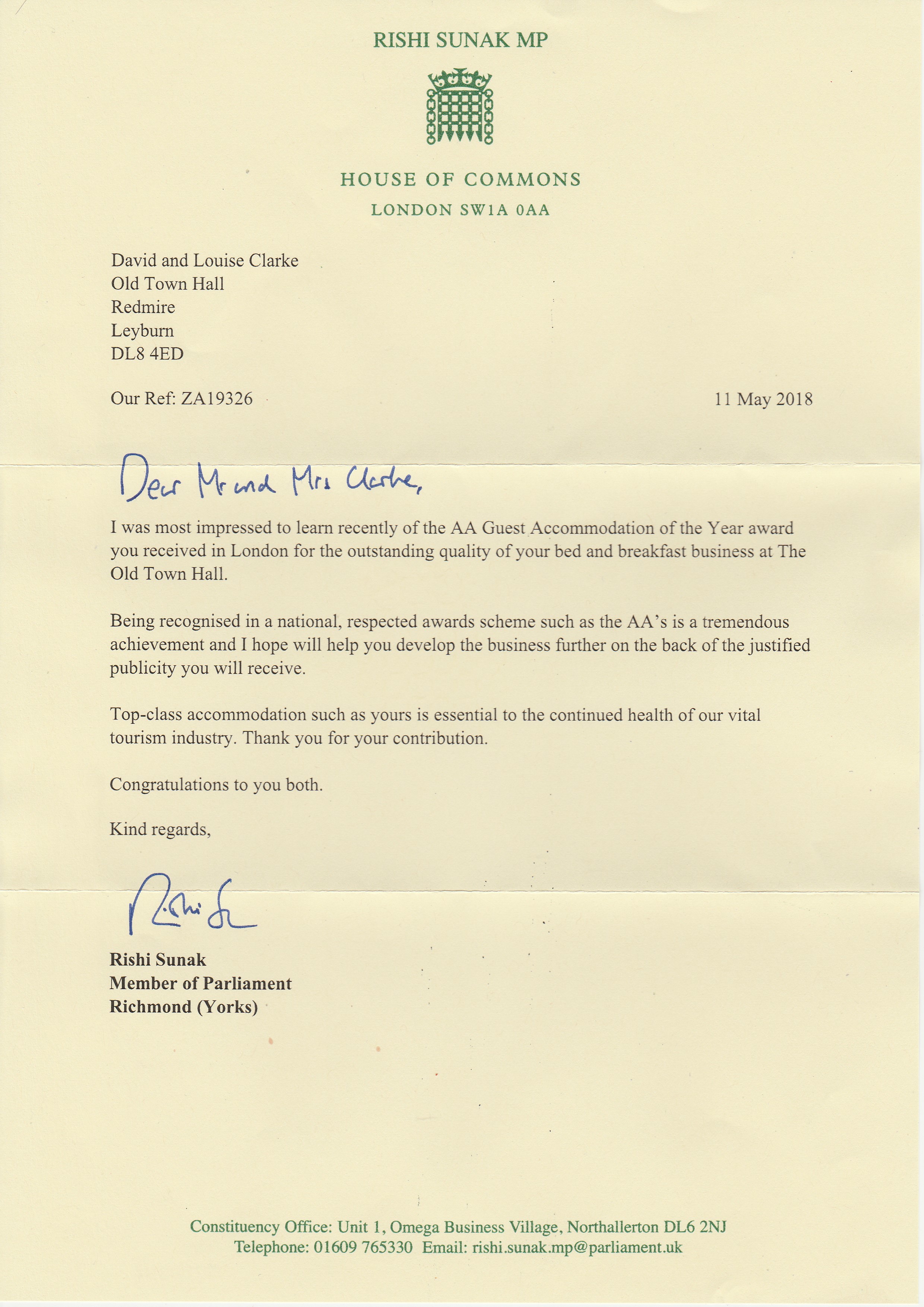 Congratulations letter from Rishi Sunak MP